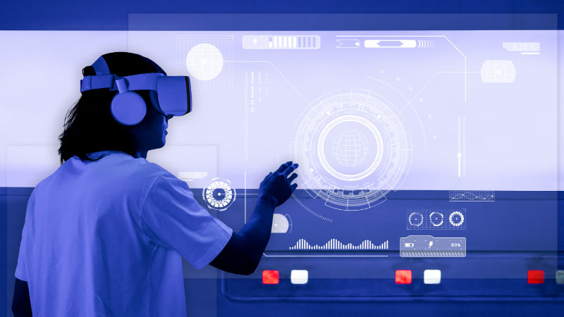 man with vr headset touching holographic screen