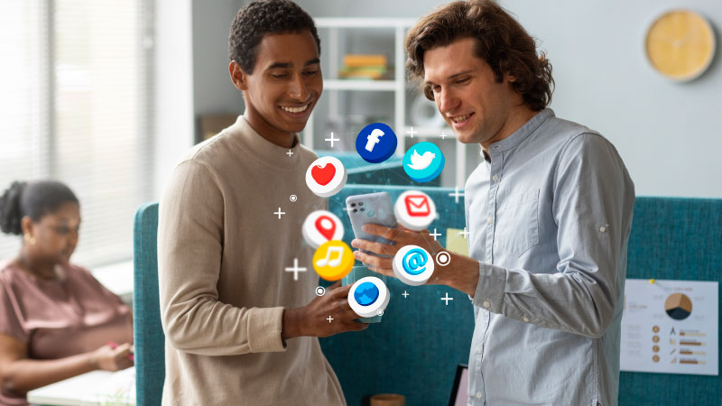 medium shot men holding smartphone