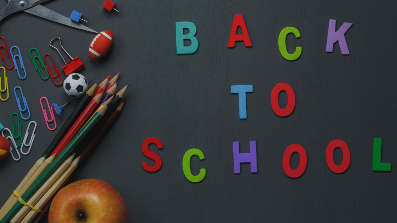 top view school elements chalk board