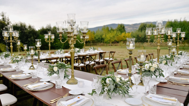 decorated wedding celebration table with guests seats outdoors gardens with mountain view